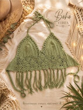 Handmade Crochet Fringe Halter Top - Sage Green Vintage Boho (d1)